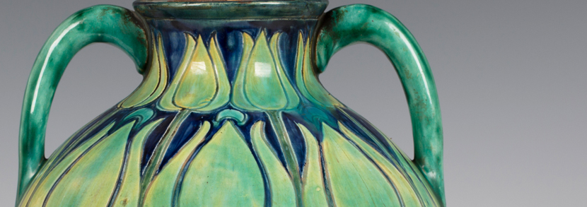 Della Robbia Pottery two-handled vase, circa 1900, probably designed by Charles Collis, decorated by Lizzie Wilkins