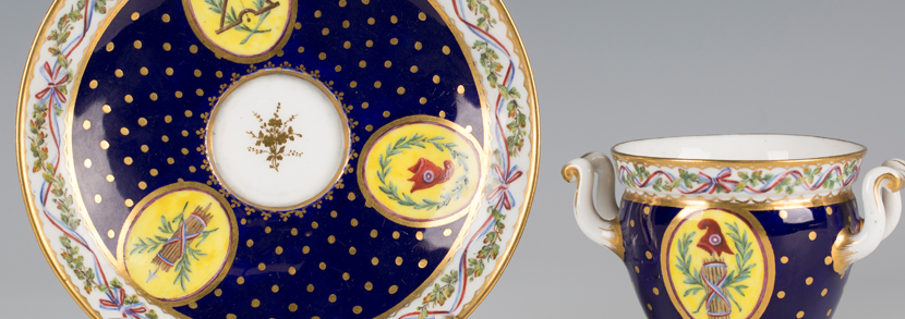 Sèvres Republican bleu-nouveau-ground two-handled goblet and saucer, circa 1793