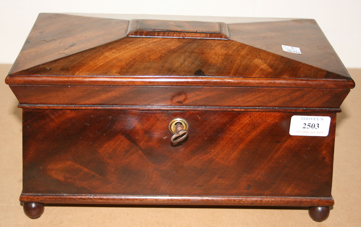 A 19th Century figured mahogany tea caddy of sarcophagus form, on bun feet.