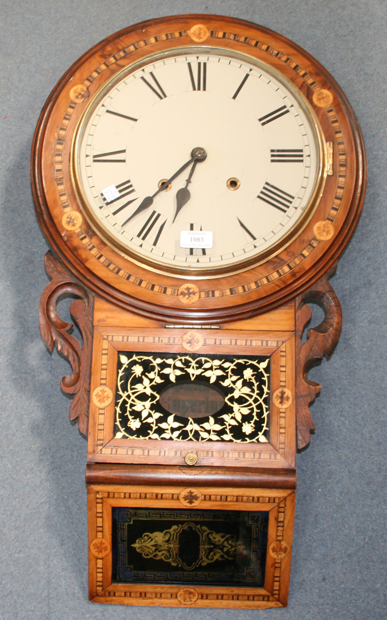A Late 19th Century American Walnut Drop Dial Wall Clock With Eight Day