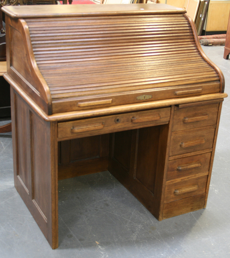 A George V Oak Roll Top Desk The Tambour Enclosing Pigeonholes