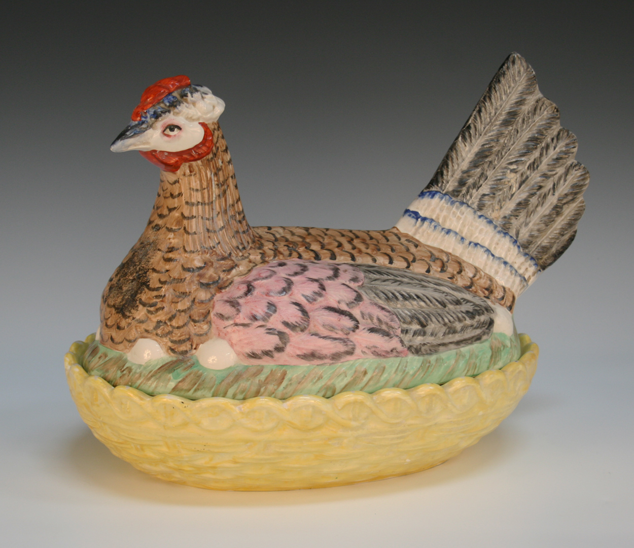 A large Staffordshire pottery chicken egg basket and cover, late