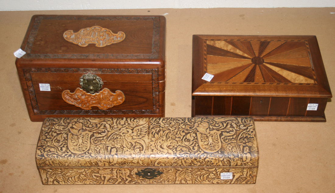 A Victorian pollard oak letter box with glazed front, together with a collection of other boxes.