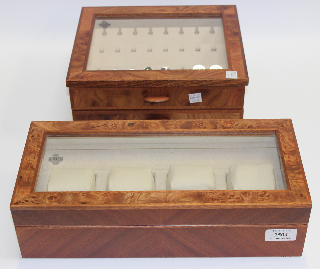 A modern watch display case by Agresti, length approx 35.5cm, together with a similar cufflink and j