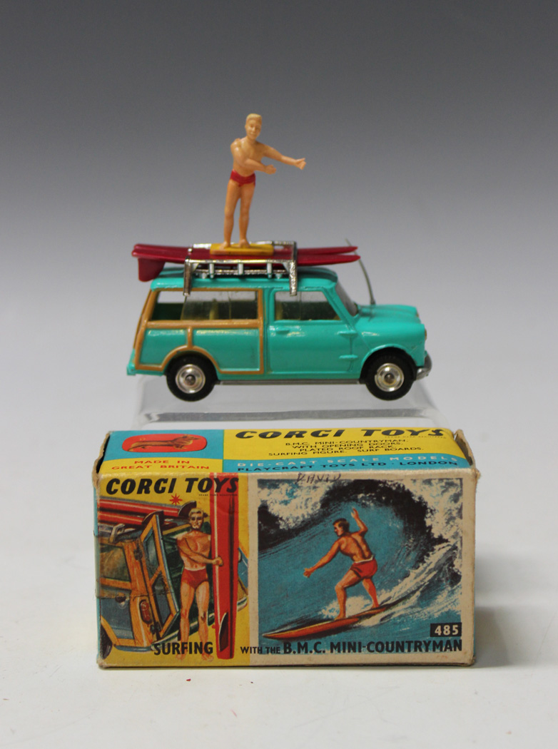 A Corgi Toys No. 485 BMC Mini Countryman with surfer and two A Corgi Toys No. 485 BMC Mini Countryman with surfer and two