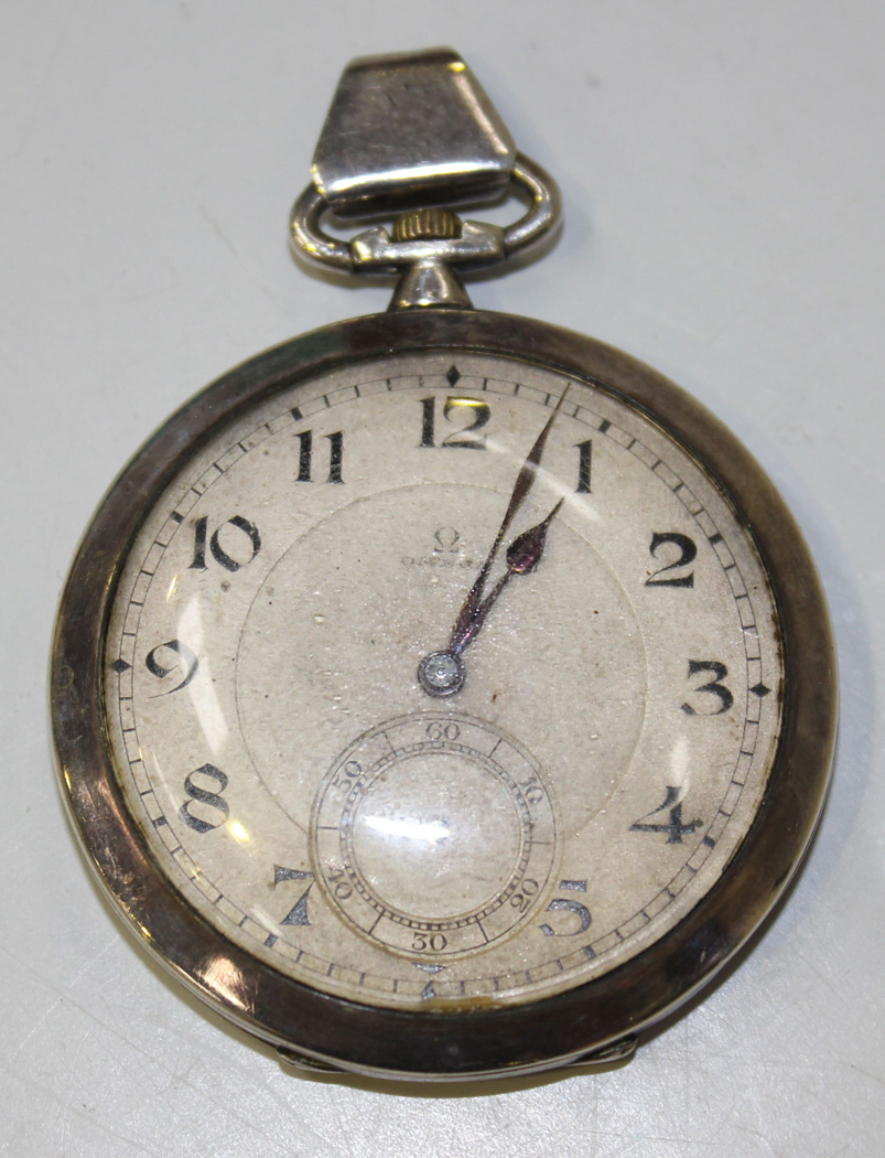 An Omega silver open faced keyless wind gentleman's pocket watch, the ...