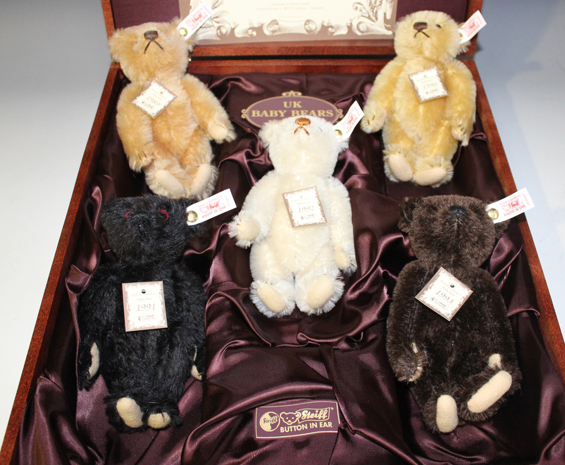 A set of five modern Steiff UK Baby Bears, 1989-1993, each with