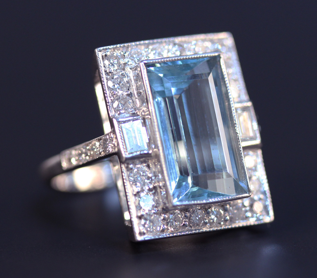 A white gold, aquamarine and diamond set ring, mounted with the ...
