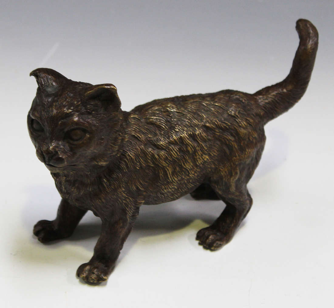 patinated cast figure of a standing cat, marked ' Geschützt' to