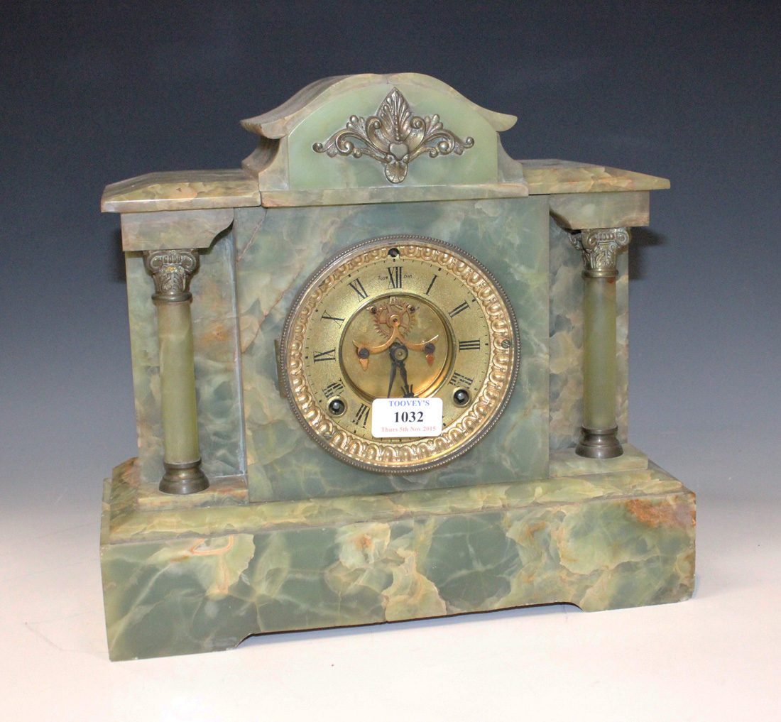 A late 19th Century green onyx mantel clock with Ansonia eight day ...