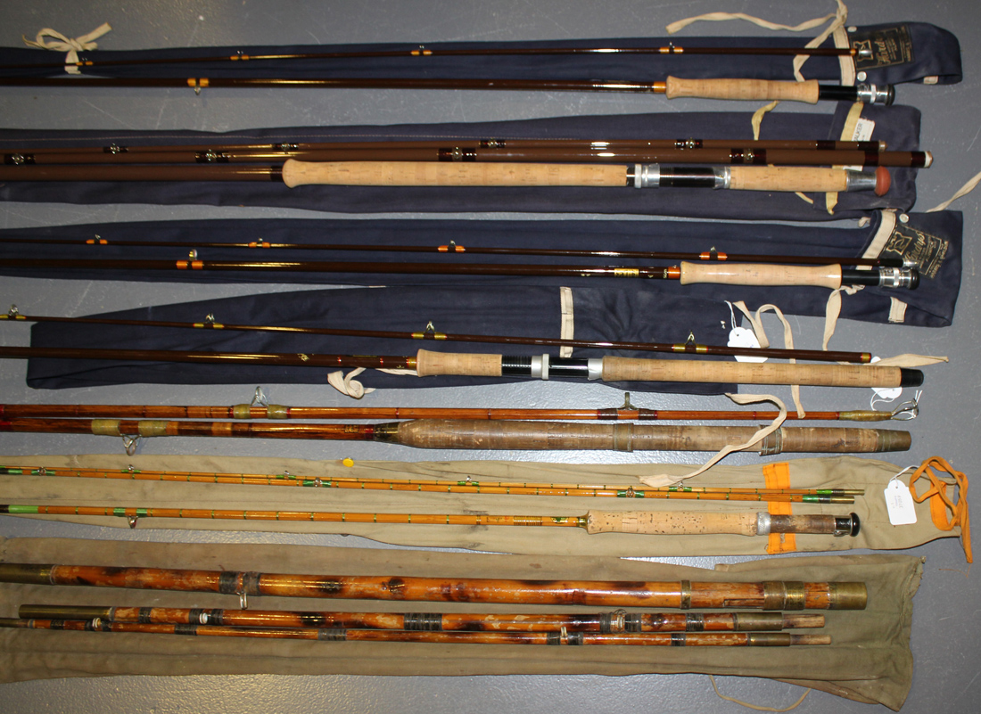 A group of seven fishing rods, comprising a Hardy 'Fibalite