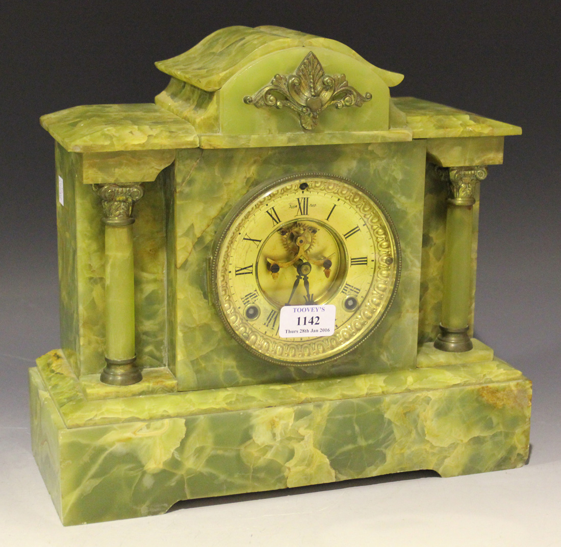 A late 19th Century green onyx mantel clock with Ansonia eight day ...