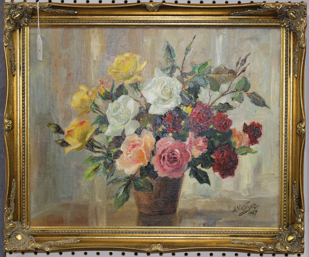 A. Nikolsky - Still Life Study of Roses in a Pot, oil on canvas, signed ...