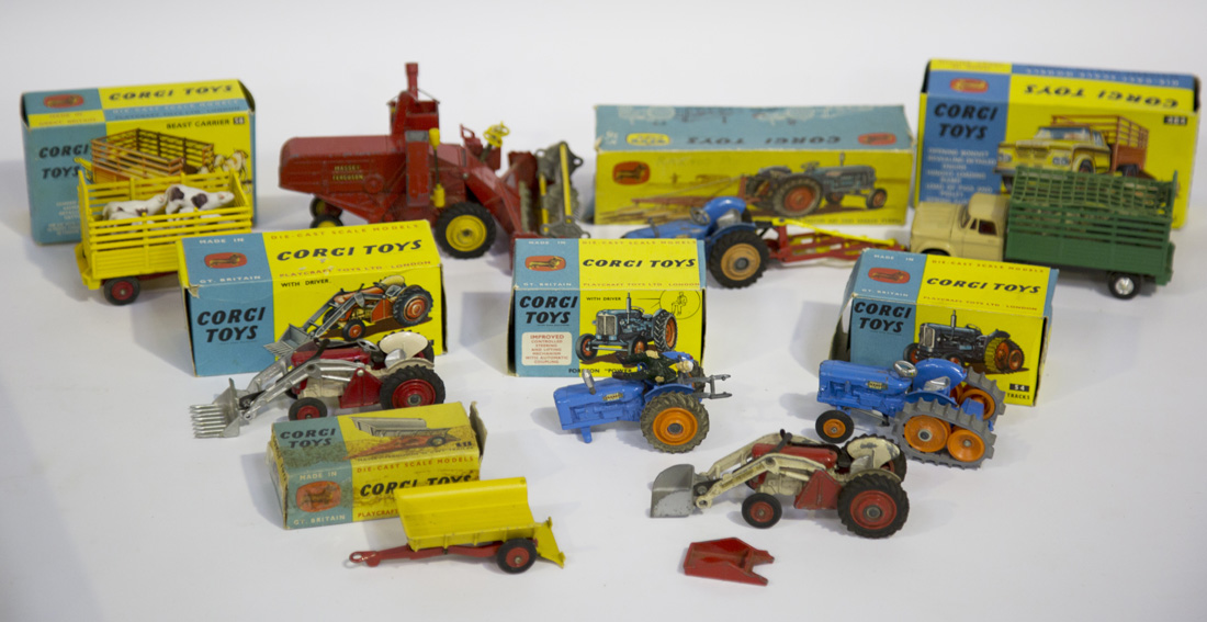A small collection of Corgi Toys farm vehicles and accessories, comprising  a No. 54 Fordson 'Po