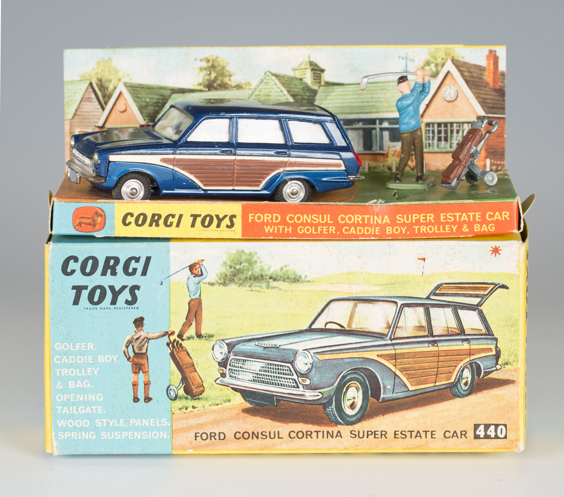 A Corgi Toys No. 440 Ford Consul Cortina Super estate car with golfer and  trolley and bag (caddy boy