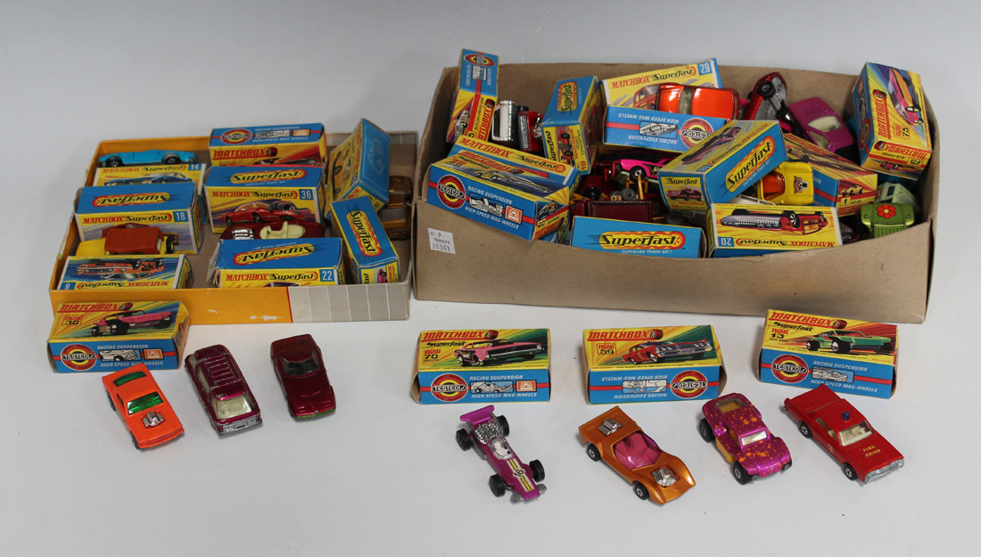A collection of Matchbox Superfast vehicles, including a No. 8 Wild Cat ...