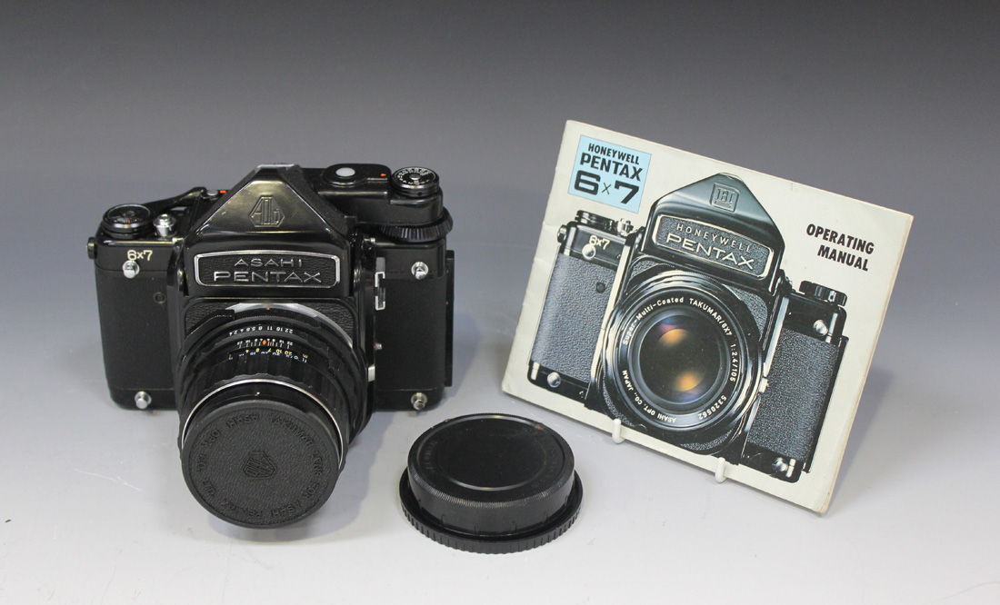 A Pentax 6x7 medium format SLR camera with Takumarx7 1:2