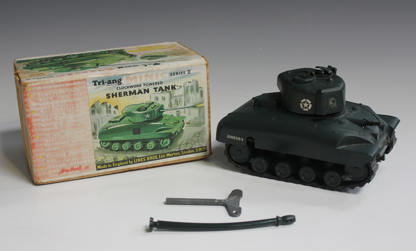 A Tri-ang Minic Series II clockwork Sherman tank, boxed with key,  instructions and flints (turret mo