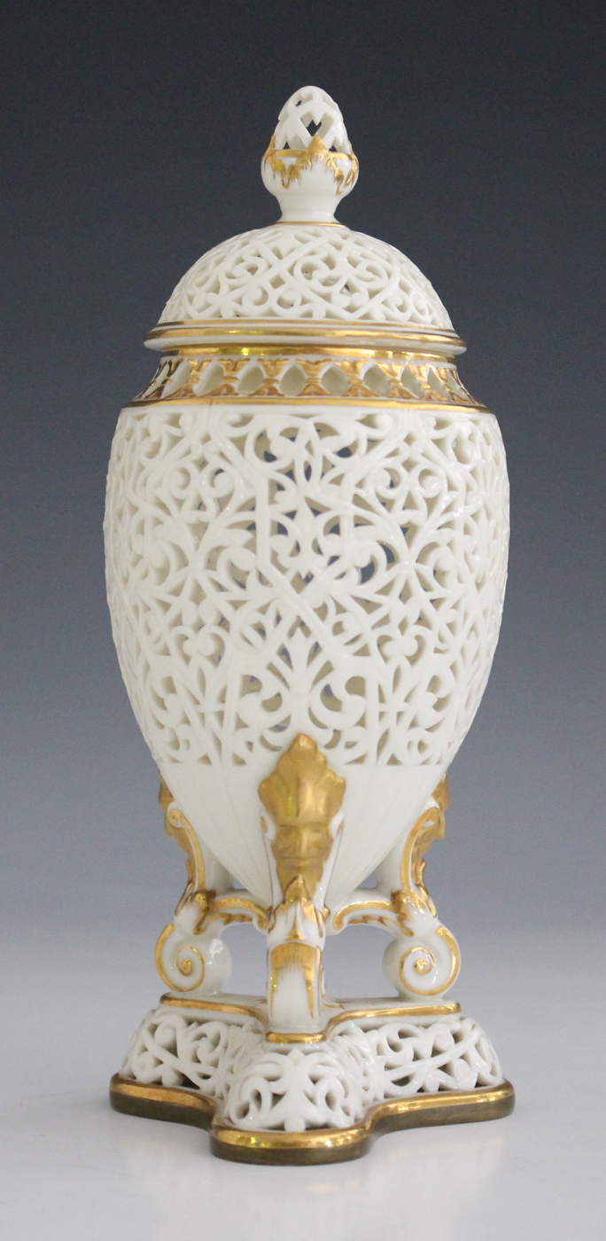 A Grainger & Co Worcester porcelain reticulated potpourri vase and