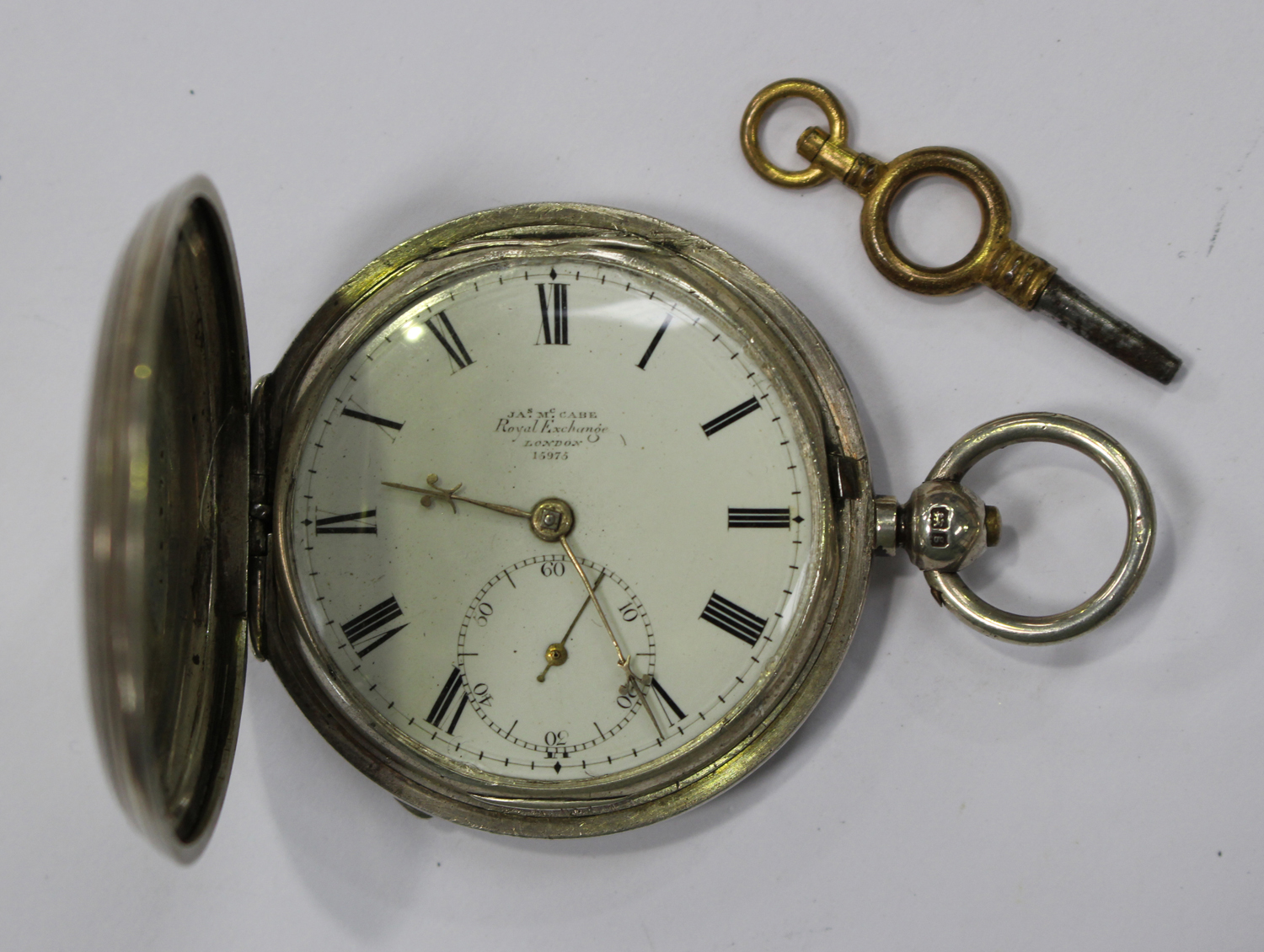 A silver hunting cased keywind gentleman's pocket watch, the gilt lever ...