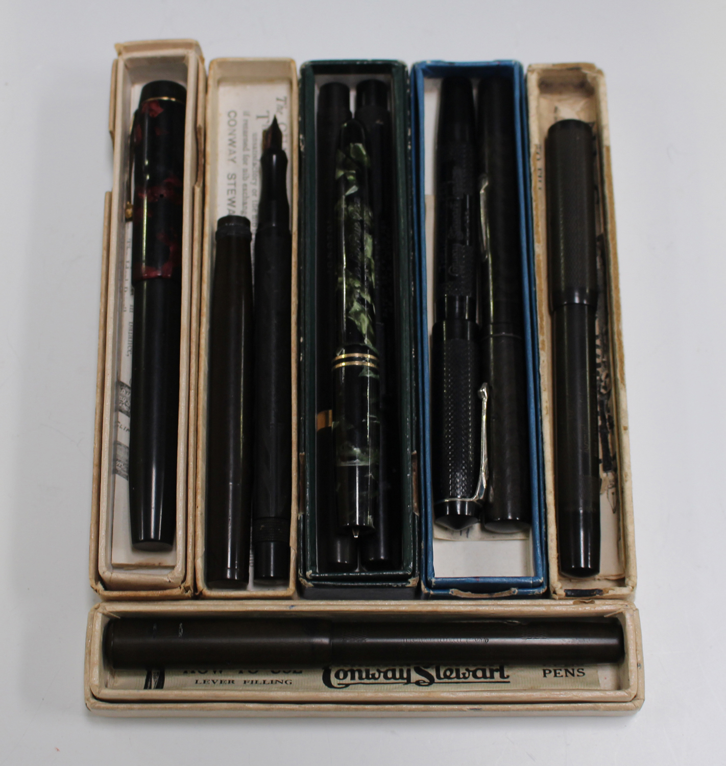A group of various fountain pens, including two Onoto self-filling pens ...