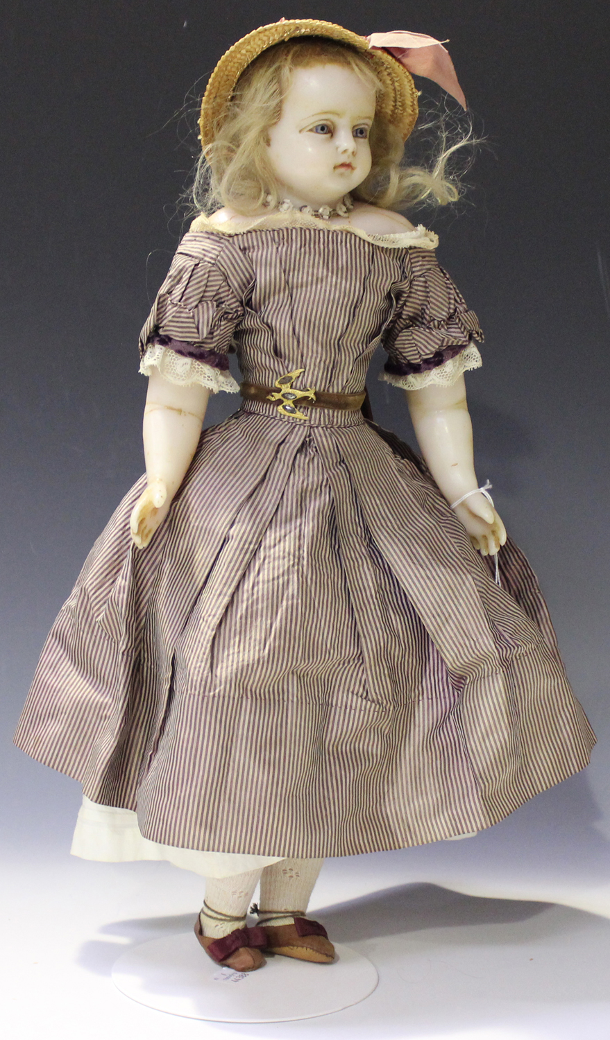 A mid-19th century Augusta Montanari poured wax head and shoulders doll ...