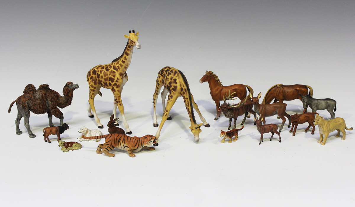 Seventeen Elastolin plastic zoo and farm animals, including two giraffes, a  tiger, rabbits and a don