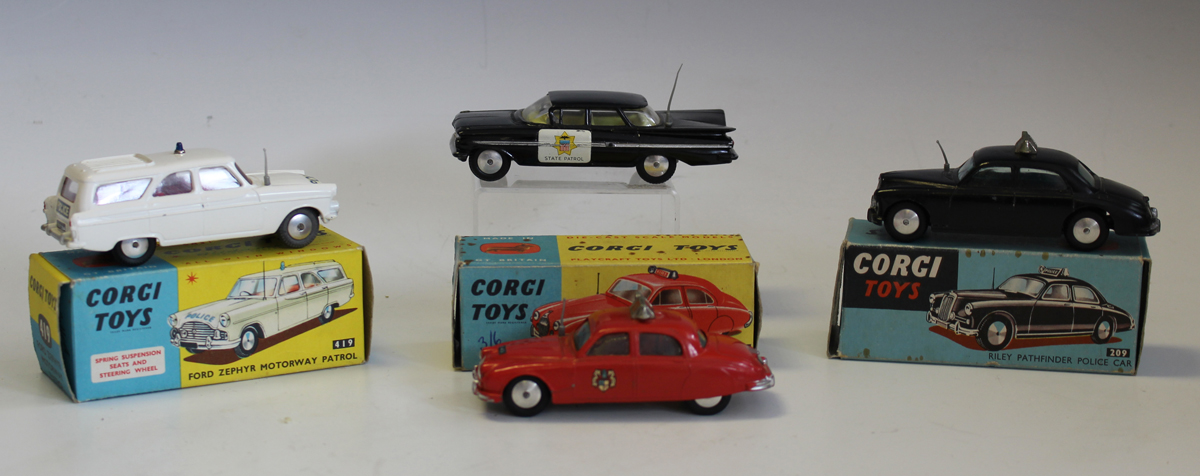 Four Corgi Toys emergency vehicles, comprising a No. 209 Riley