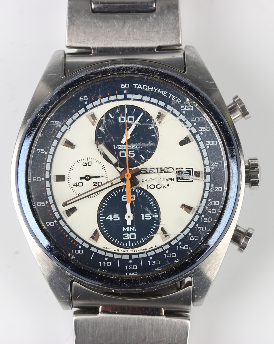 A Seiko Chronograph 100M steel gentleman's bracelet wristwatch with quartz  movement, the signed
