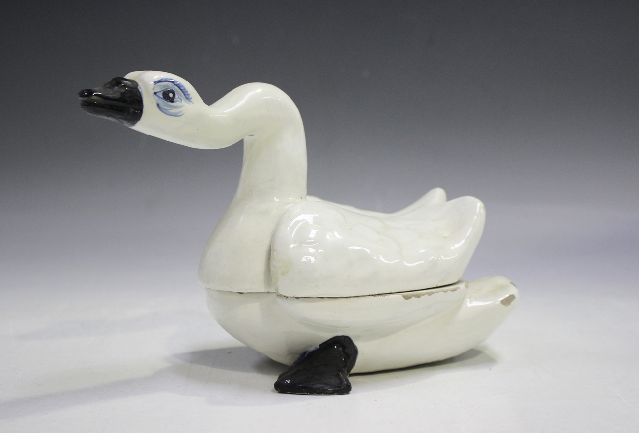 An unusual Dutch Delft box and cover in the form of a swan, 19th ...