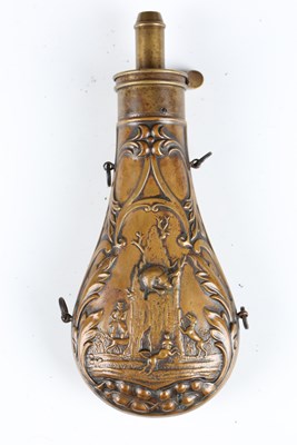Lot - Antique Brass & Leather Black Powder Gun Flask.