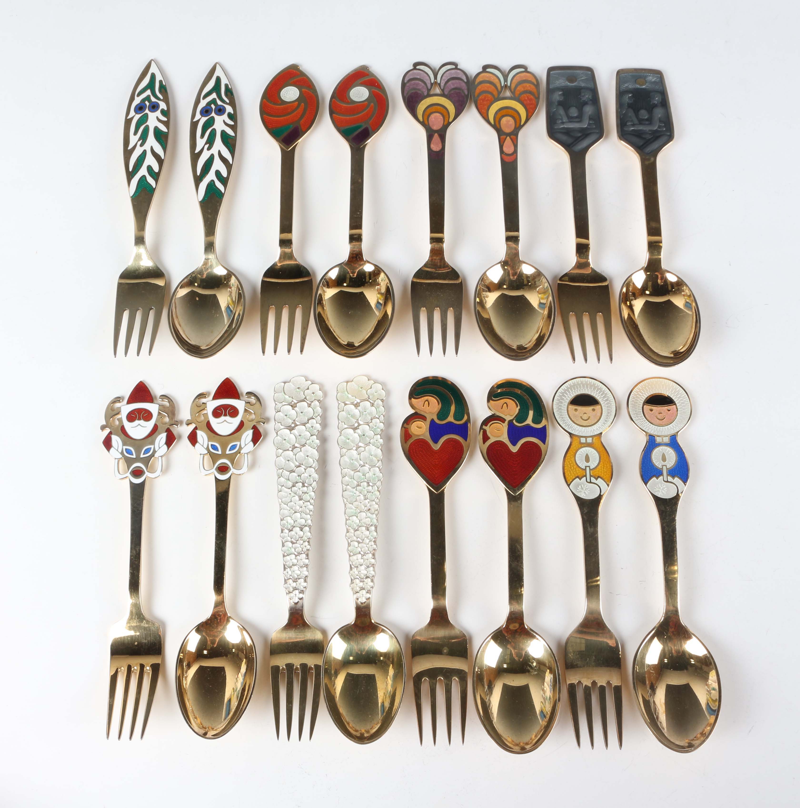 Eight Pairs Of Danish Sterling Silver Gilt And Enamelled Christmas 